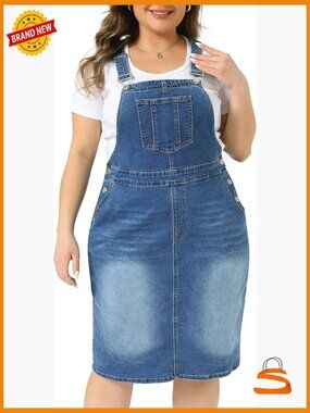 Plus Size Denim Overall Dress Vintage Adjustable Strap Pinafore Bib Dress with